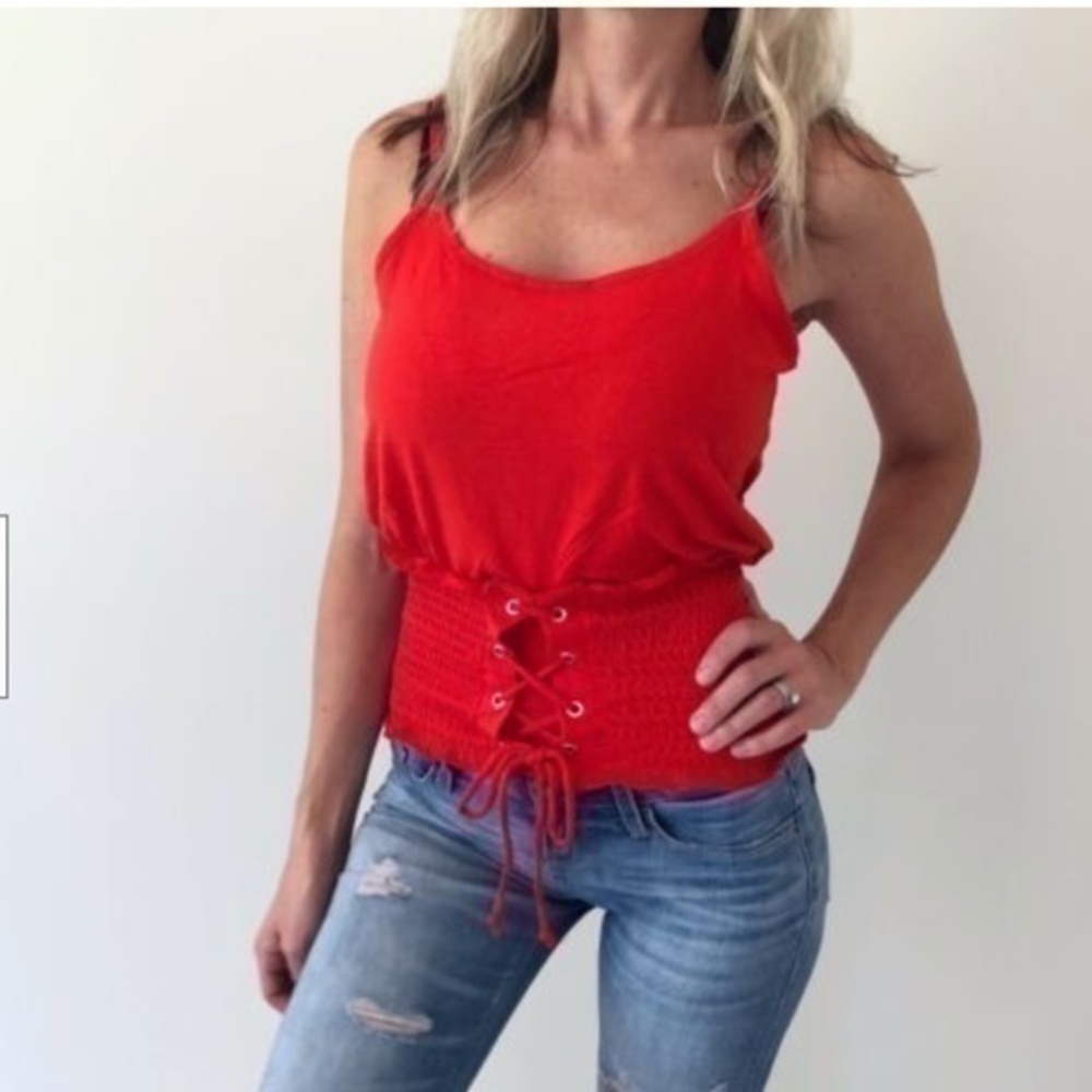 Women's Boho Red Lace Up Smocked Waist Adjustable Strap Crop Cami Tank Top
